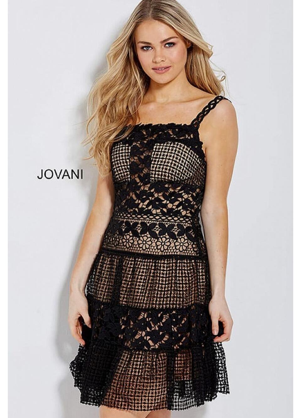 NWT Jovani Black Floral Lace Square Neck Cocktail Dress - Wedding Guest - Size 2